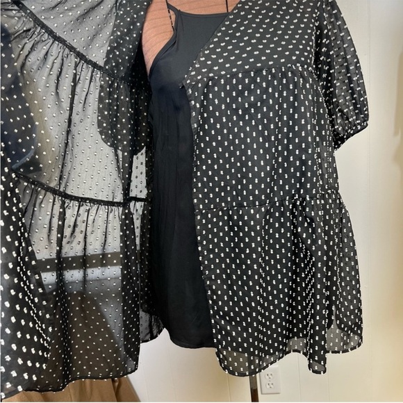 Zara Black and White V-Neck Puff Sleeve Mini Dress - Picture 3 of 6